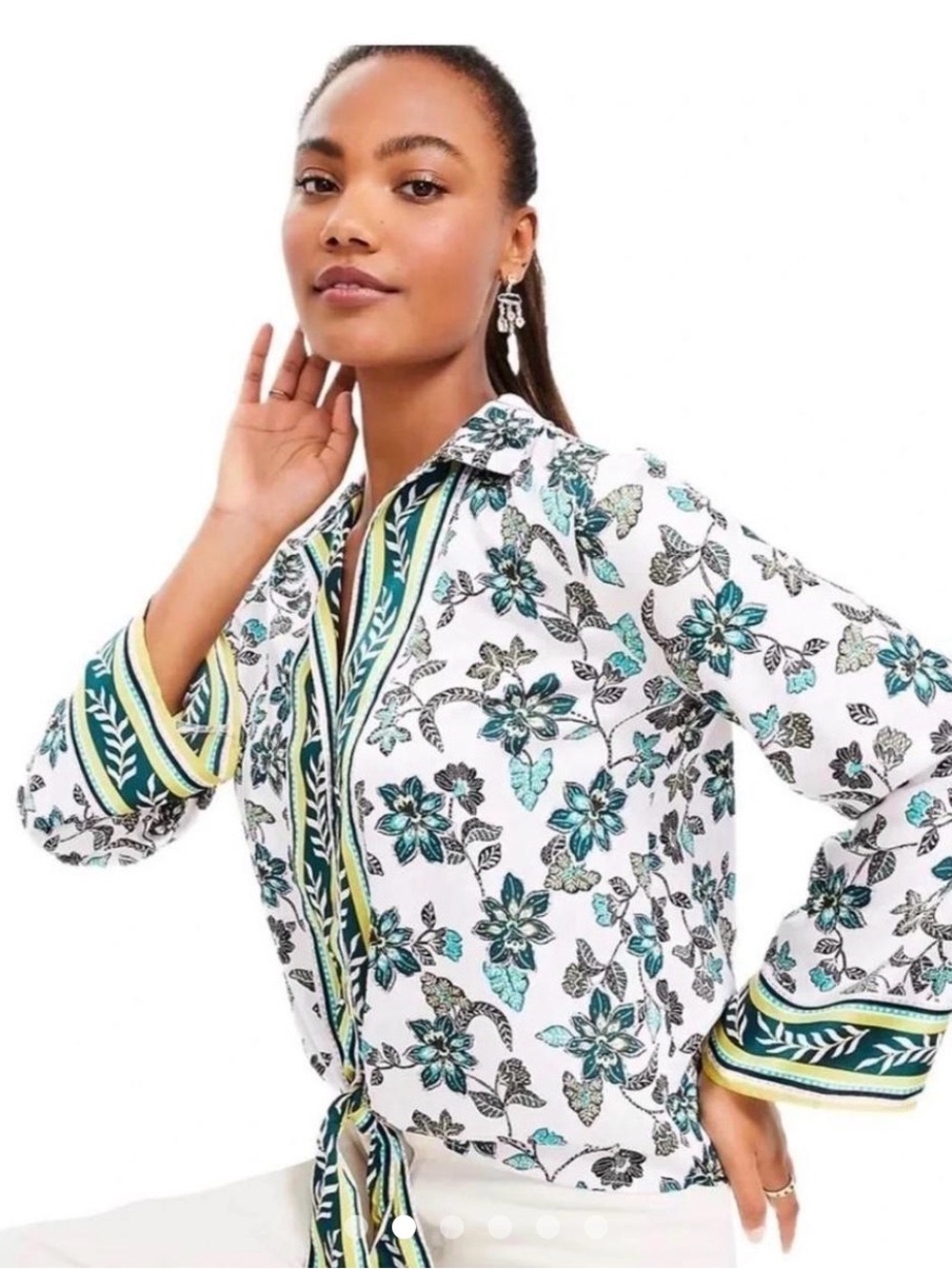 LOFT Floral Tie-Front Button Down Blouse in Cream, Green and Yellow